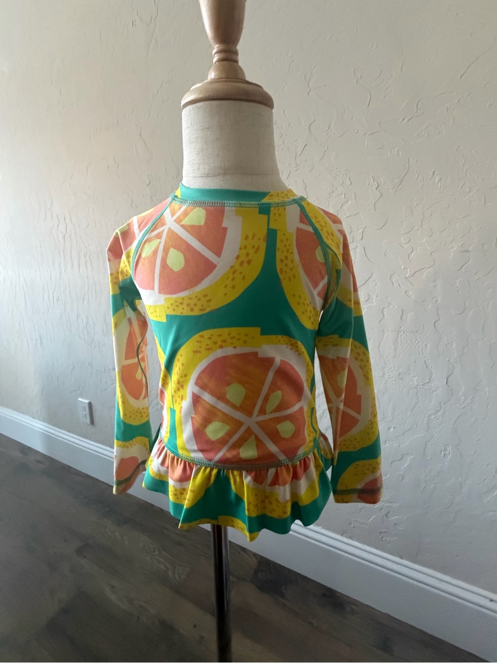 Tea Kids Long Sleeve Swim Top - Teal with Orange Print